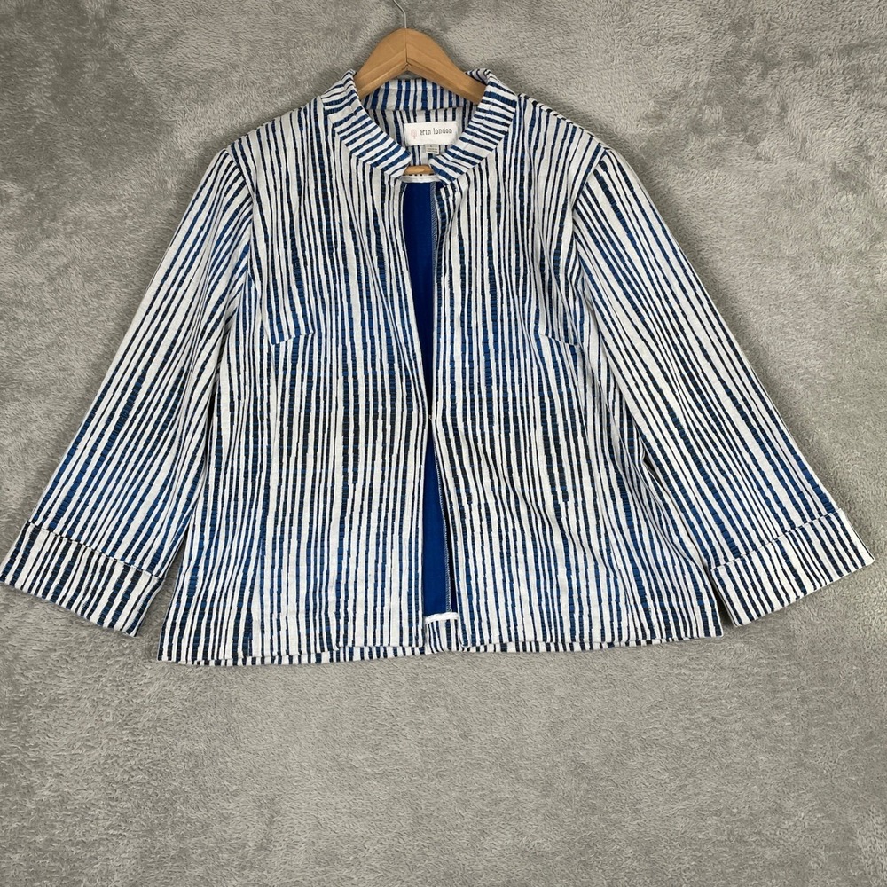 Erin London Jacket Womens Large Blue White Striped Mock Neck Hook Eye Coastal